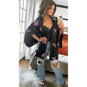 Y2k 2003 Victoria’s Secret O/S Black Silky Pink Floral Embroidered Open Kimono